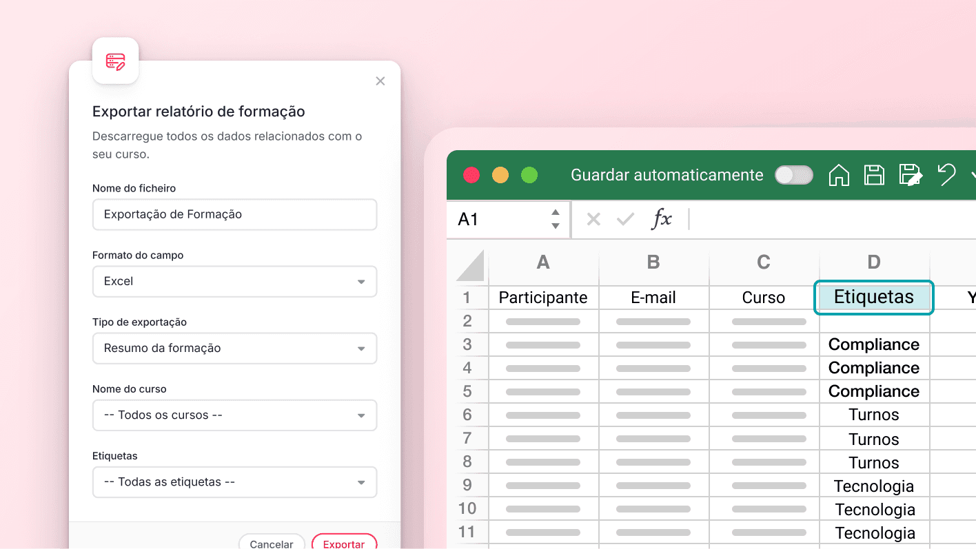 Use etiquetas de formação nas exportações